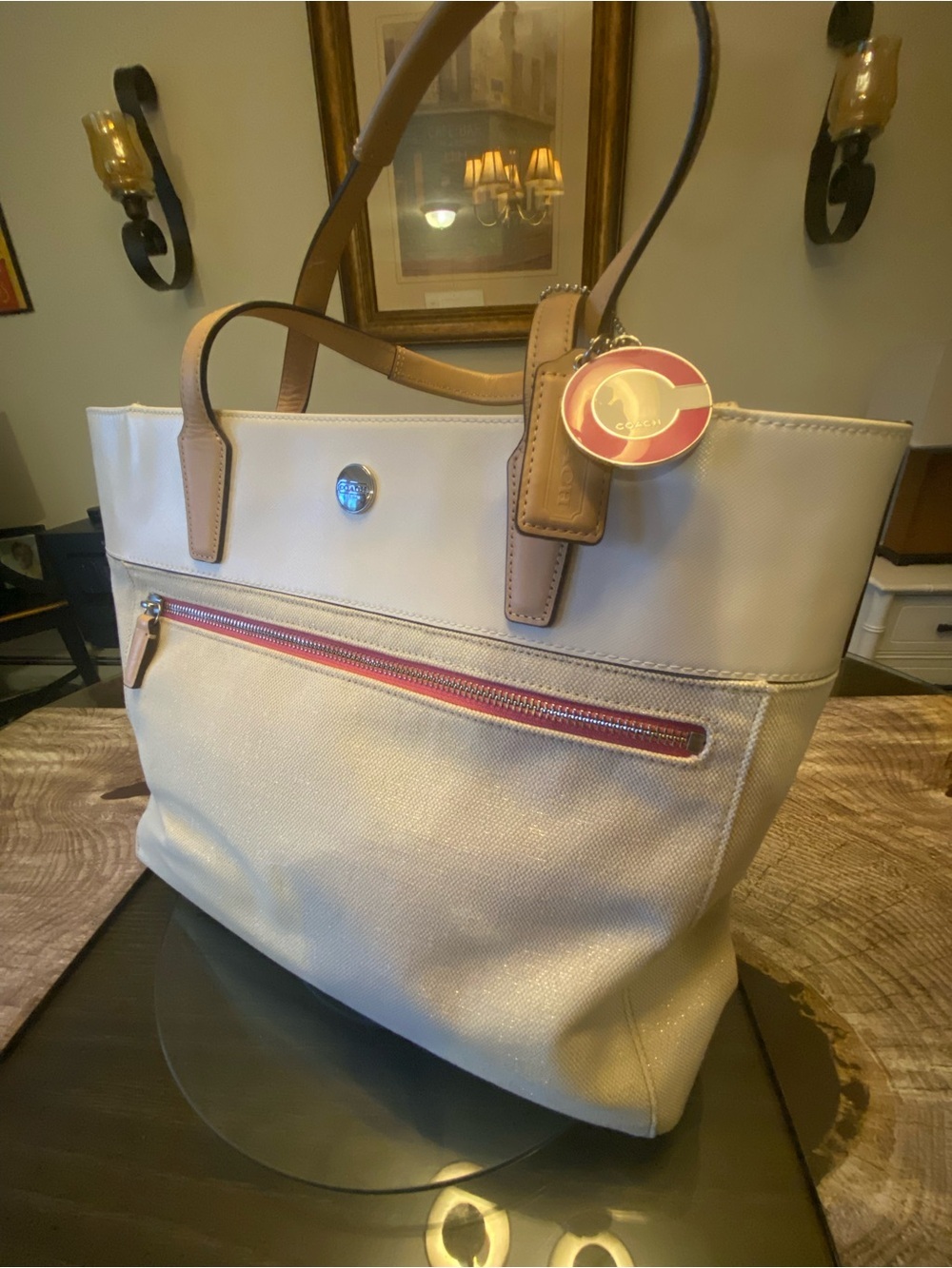 Coach Cream Canvas Tote with Tan Leather Handles and Red Zip